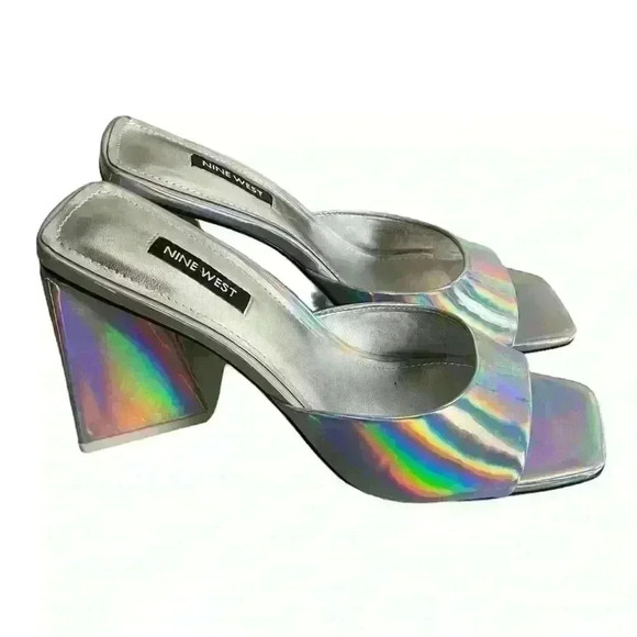 Nine West Shoes - Nine West Size 8.5 Yougo Heeled Slide Sandals Silver Iridescent Square Toe Shoe